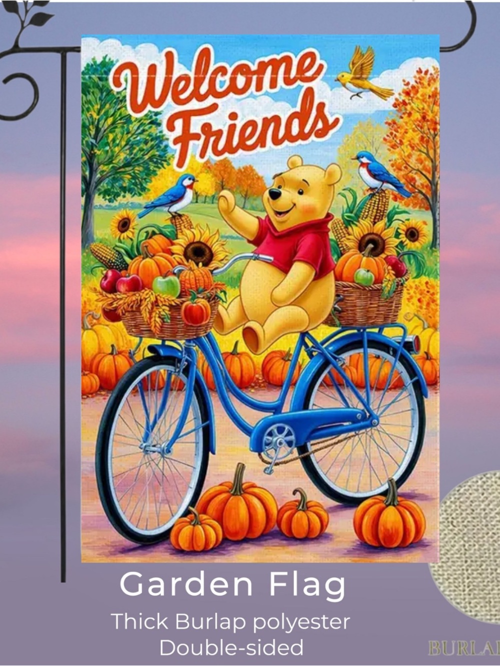 Winnie Pooh Welcome Friends Garden Flag, Burlap, Approximately 12”x18”